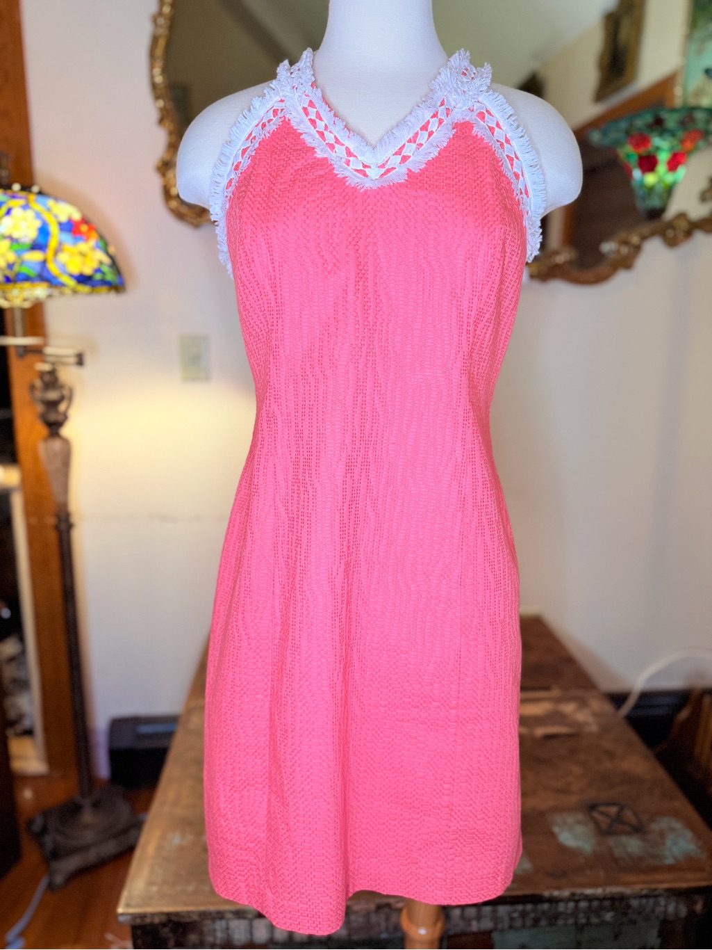 Just...Taylor Coral Pink Lace-Trim Halter Slip Dress